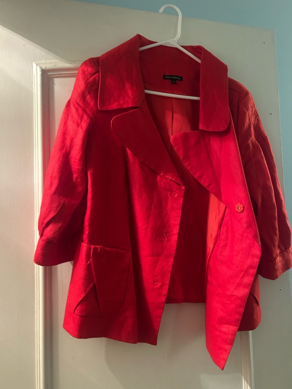 Dalia Collection Red Short Blazer with Notched Collar 100% Linen Blazer